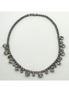 Vintage Rhinestone Choker Necklace Silver-Tone Crystal Wedding Formal Prom MCM